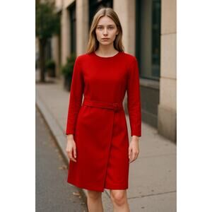 Vintage 80’s Women’s Belted Slim Fitting Knee Length Dress Business Casual Red M